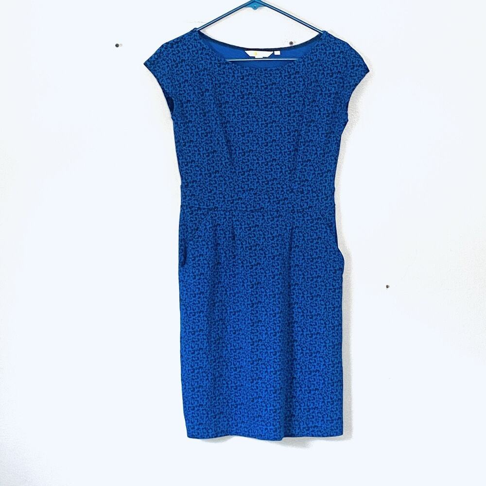 Boden Dress US 6 Petite Blue Print Florrie Jersey Pockets Knee Length Cap Sleeve